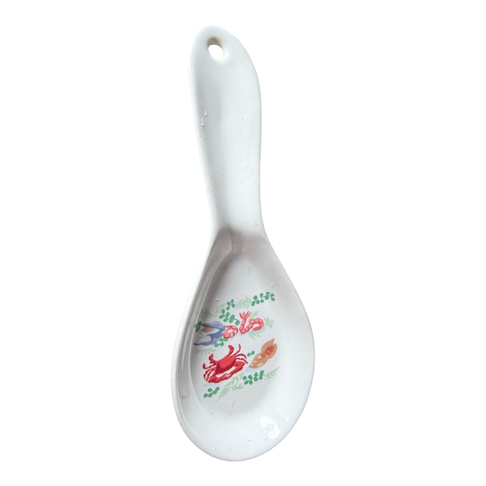 Coastal Nautical Unbranded Ceramic Spoon Rest White Red Crab Shrimp Shell Motif